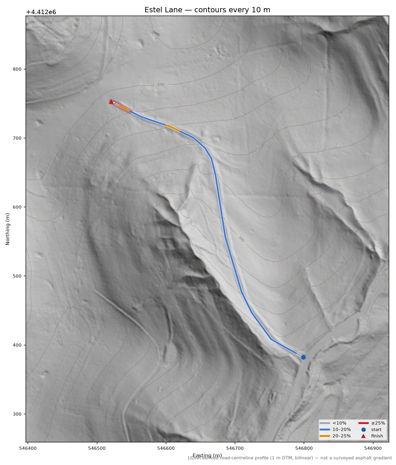 Estel Lane LiDAR hillshade map with contours