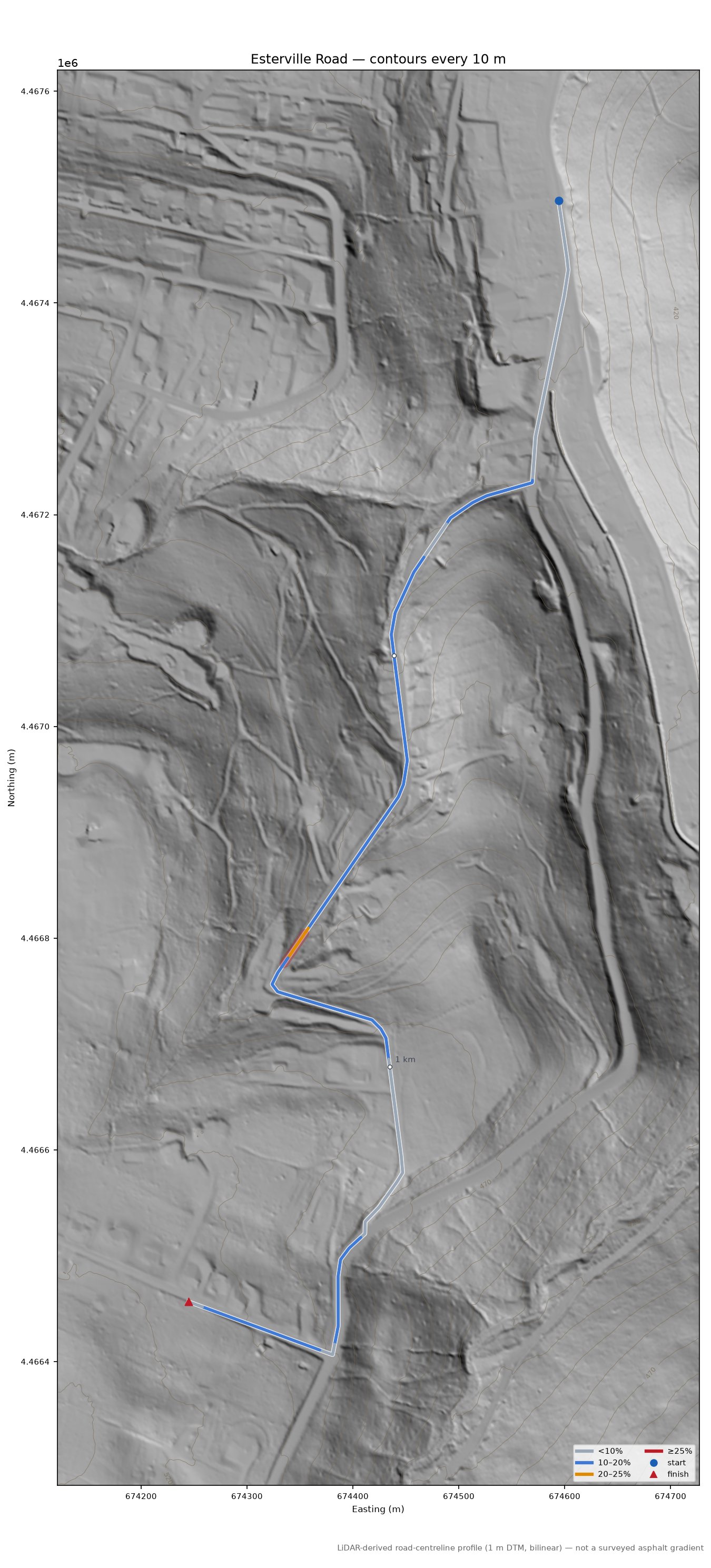 Esterville Road LiDAR hillshade map with contours