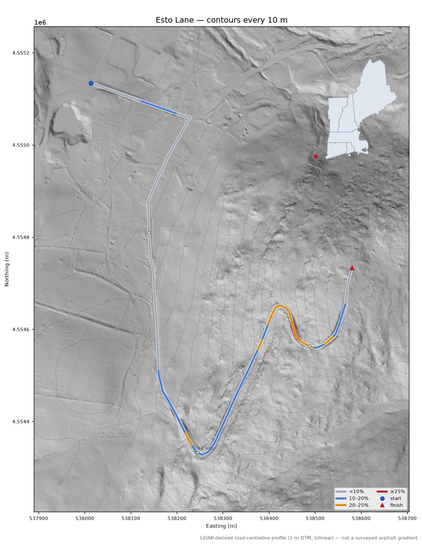 Esto Lane LiDAR hillshade map with contours