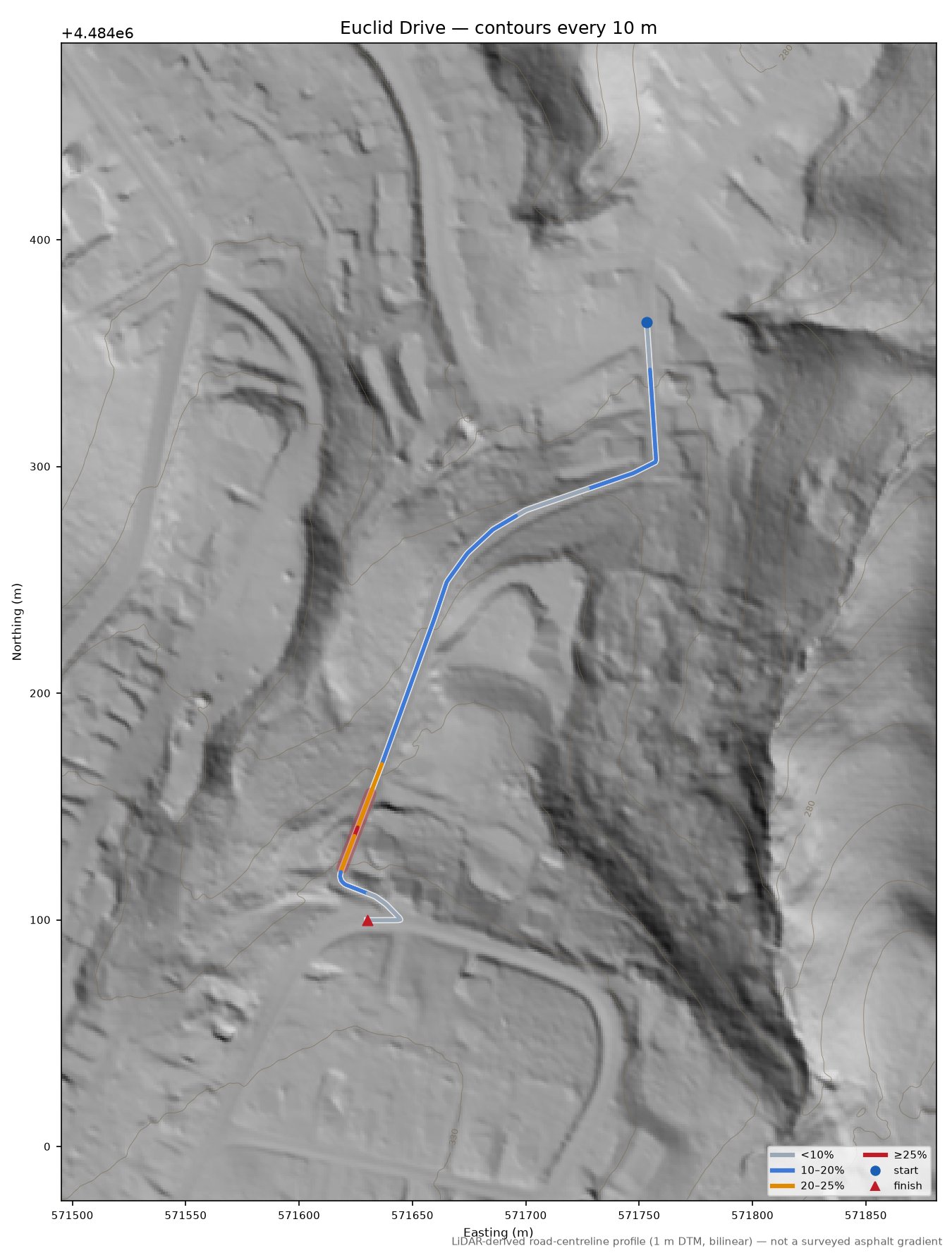 Euclid Drive LiDAR hillshade map with contours