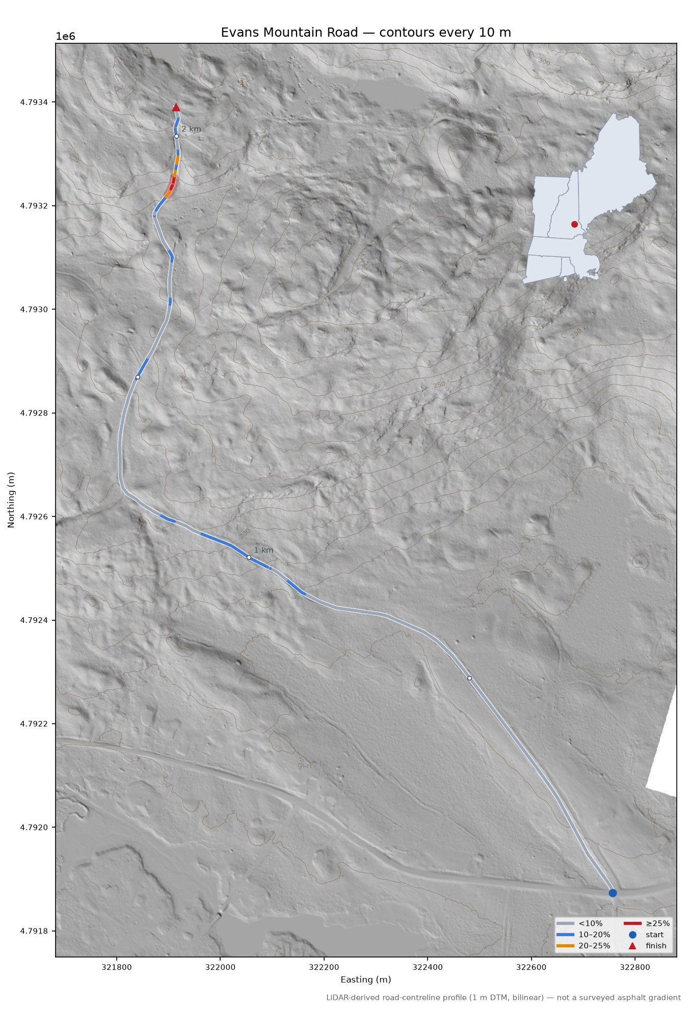 Evans Mountain Road LiDAR hillshade map with contours