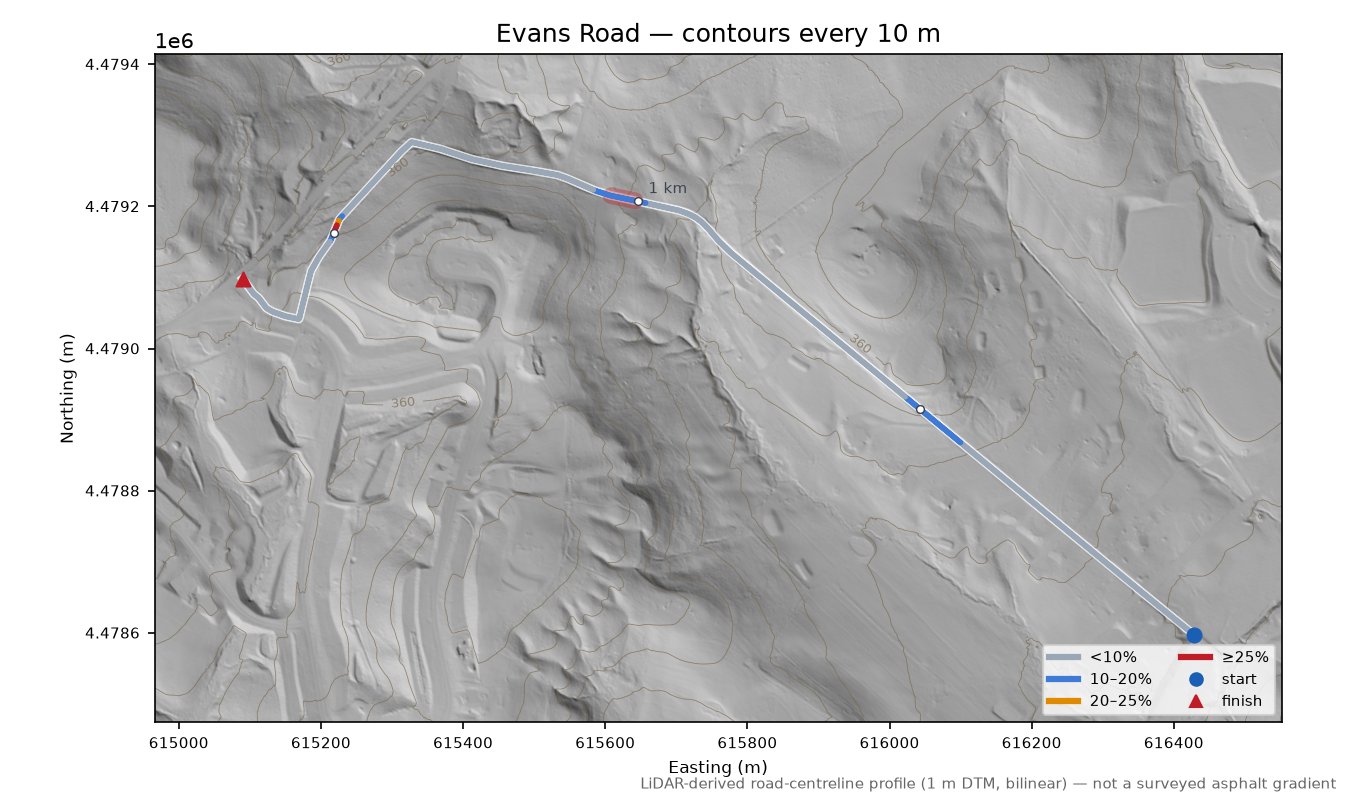 Evans Road LiDAR hillshade map with contours