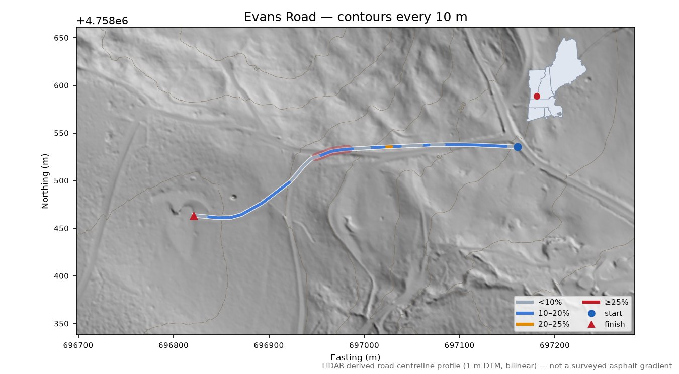 Evans Road LiDAR hillshade map with contours