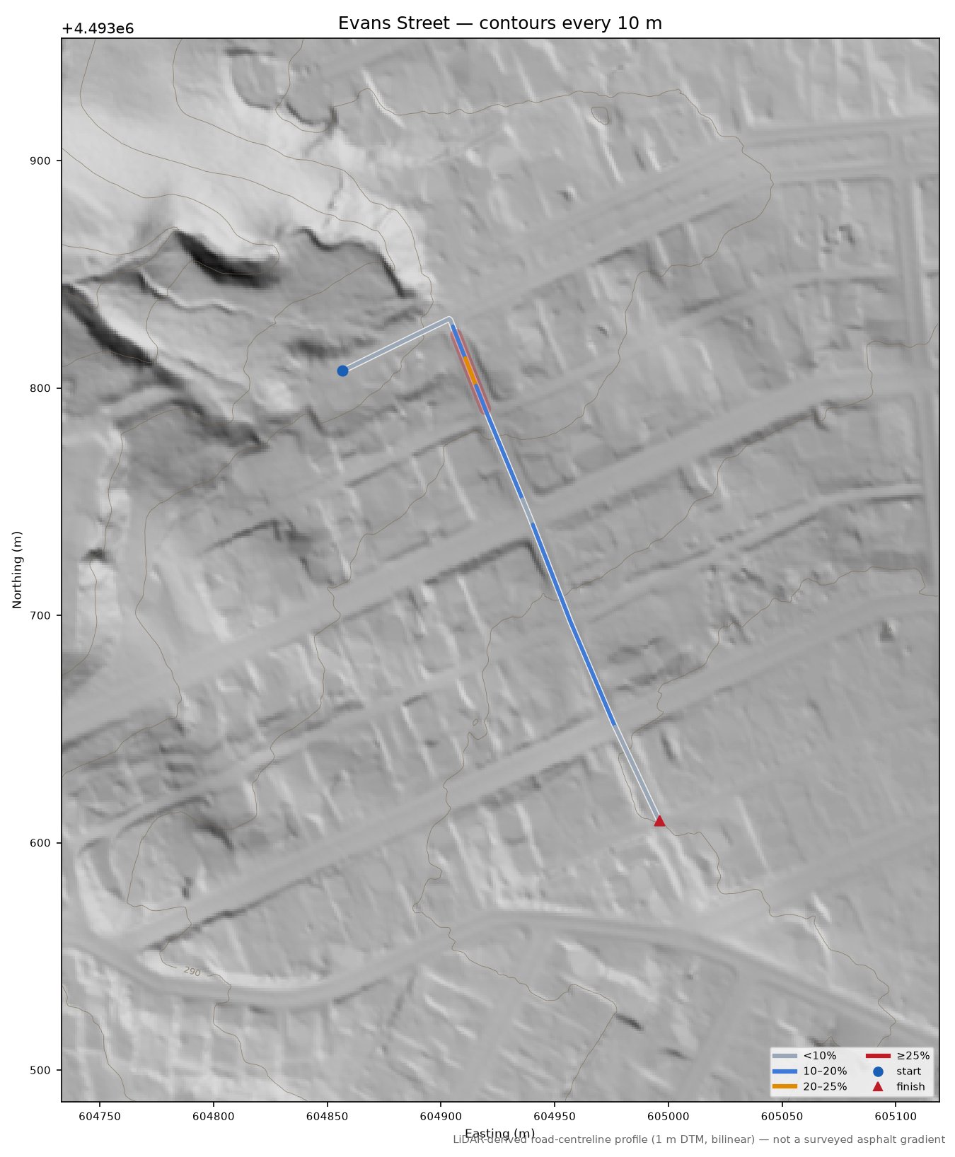 Evans Street LiDAR hillshade map with contours