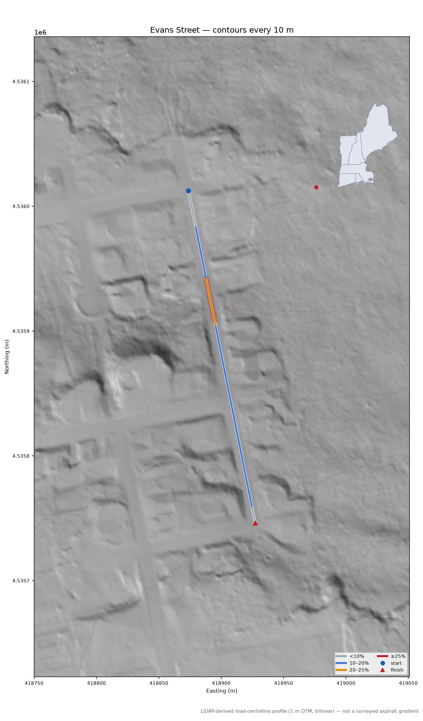 Evans Street LiDAR hillshade map with contours