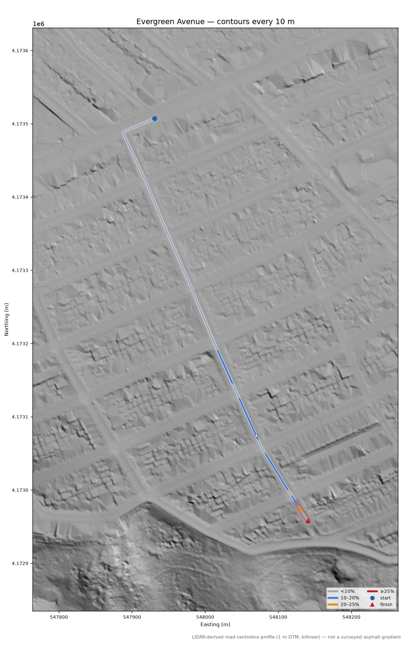 Evergreen Avenue LiDAR hillshade map with contours