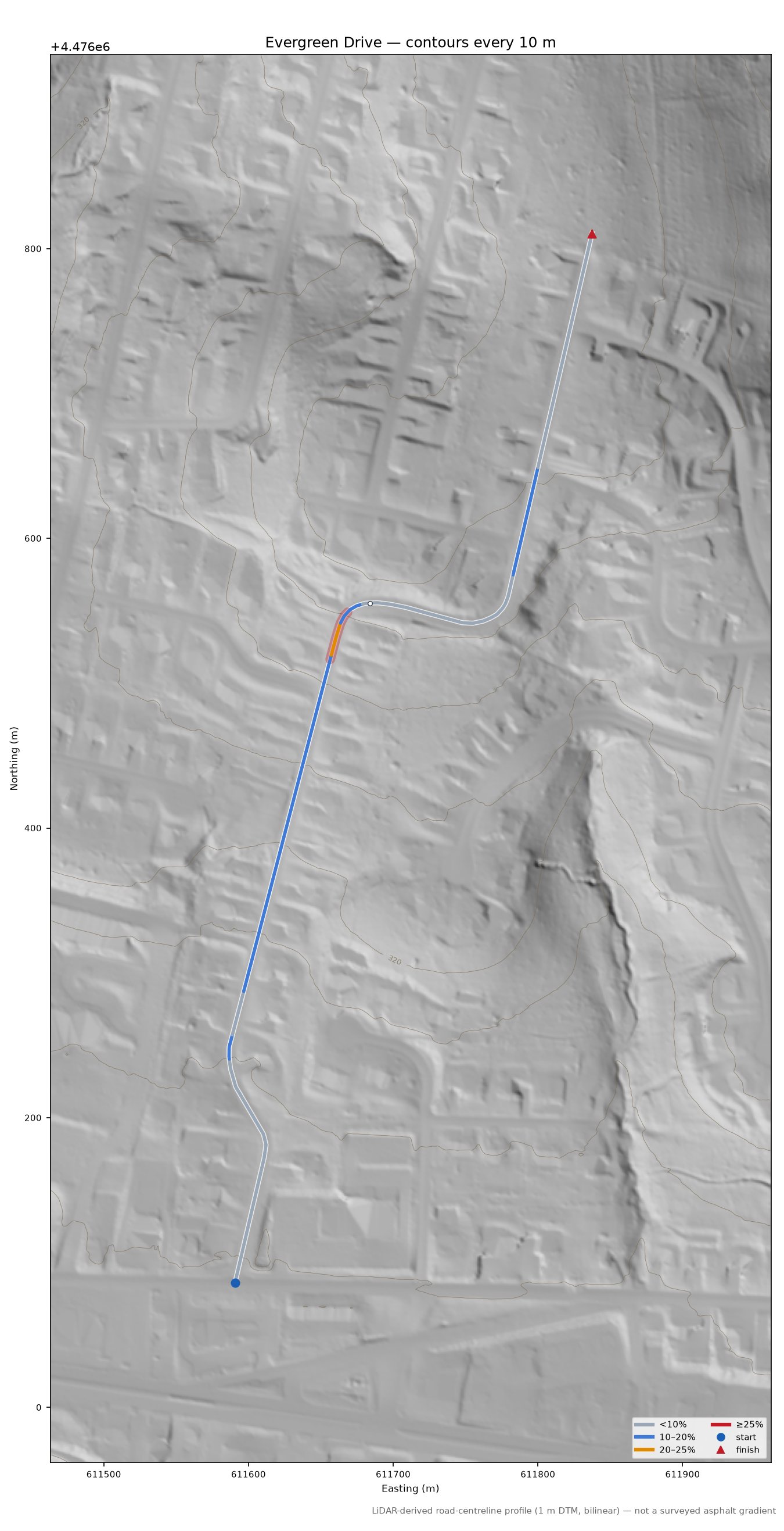 Evergreen Drive LiDAR hillshade map with contours