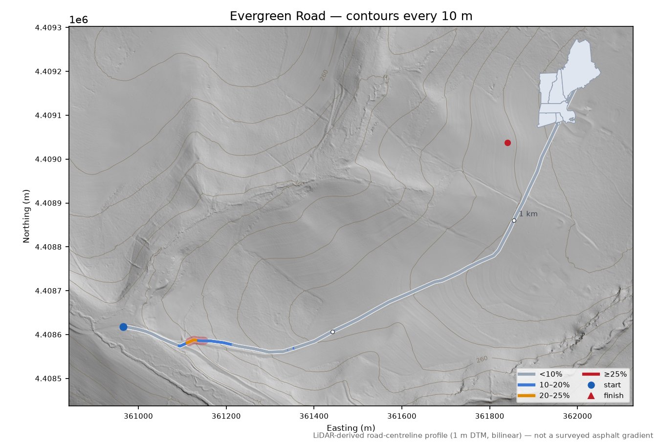 Evergreen Road LiDAR hillshade map with contours