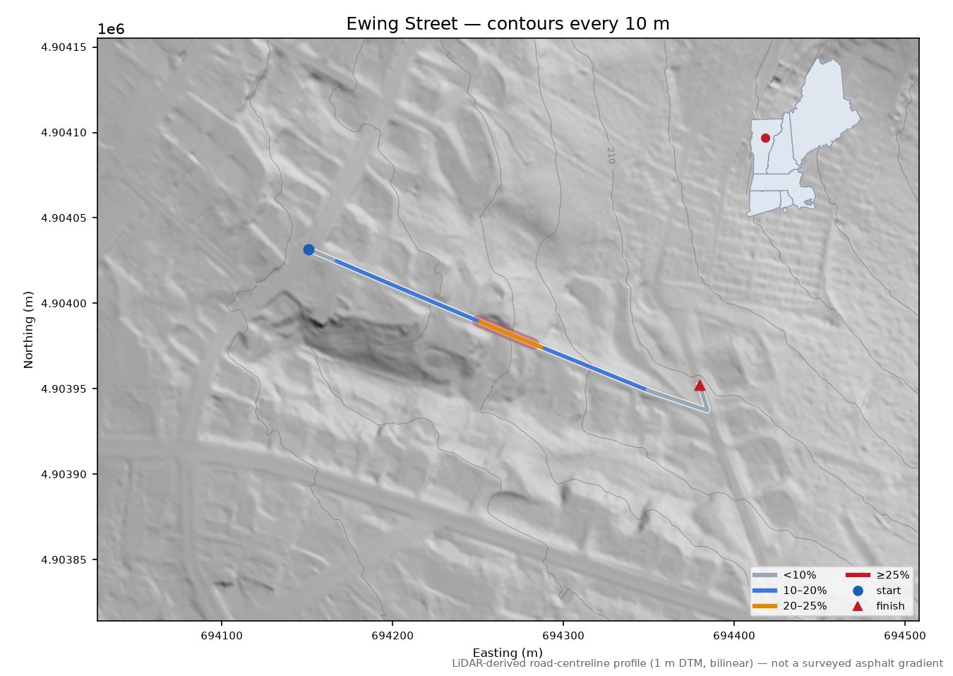 Ewing Street LiDAR hillshade map with contours