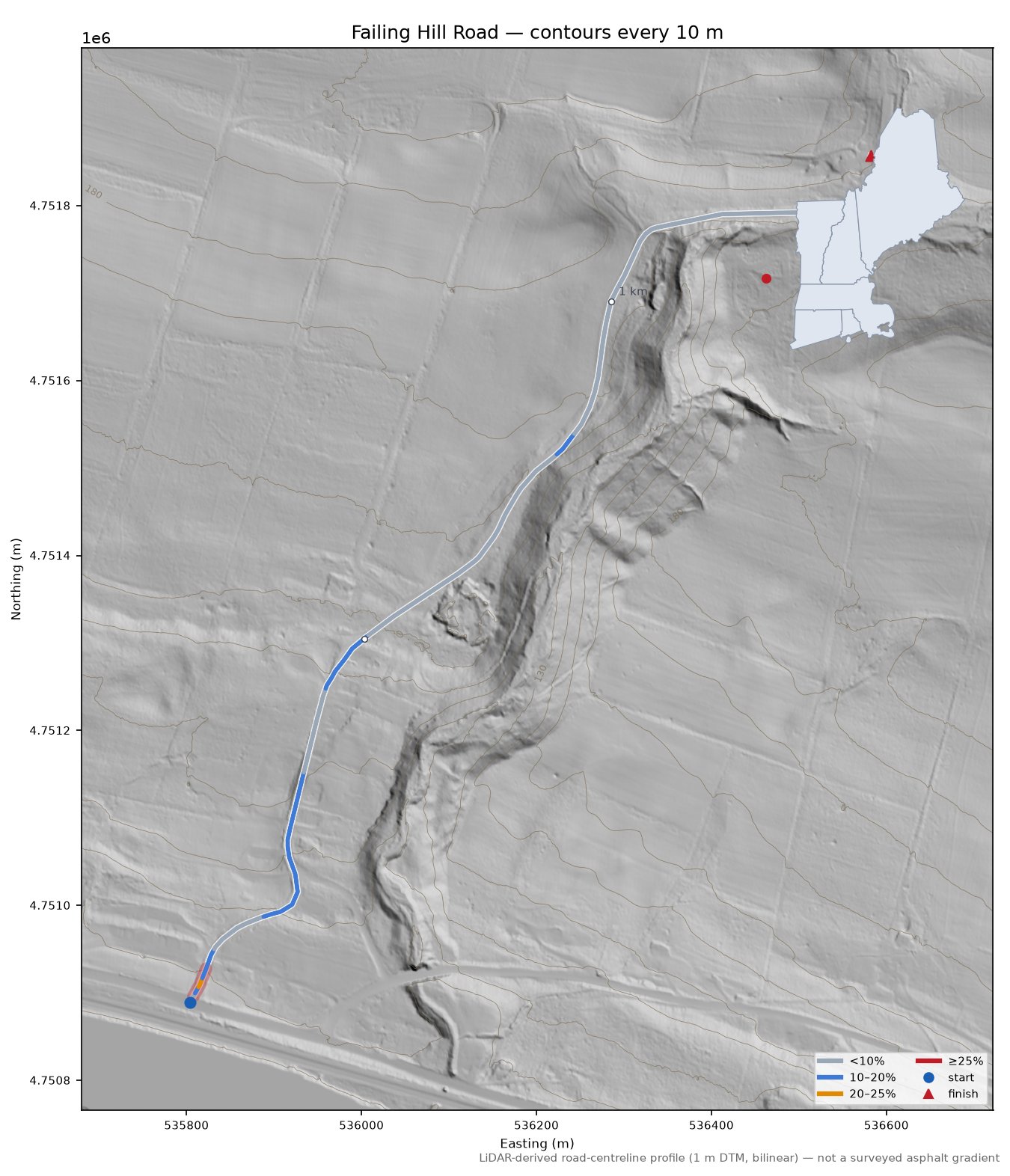 Failing Hill Road LiDAR hillshade map with contours