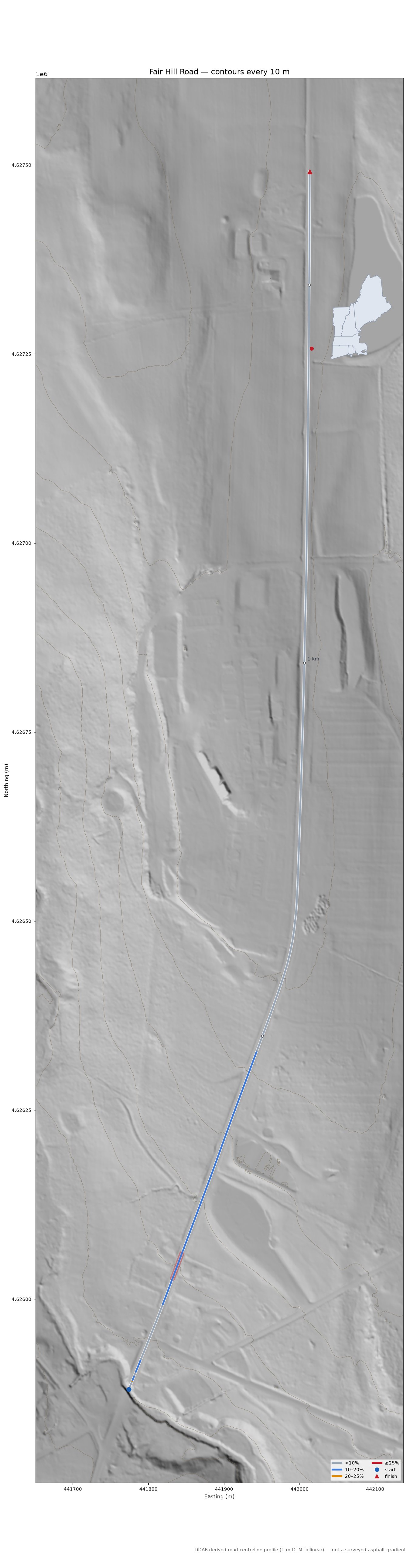 Fair Hill Road LiDAR hillshade map with contours