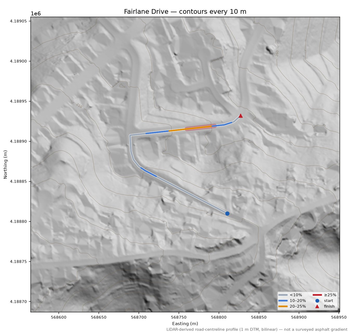 Fairlane Drive LiDAR hillshade map with contours