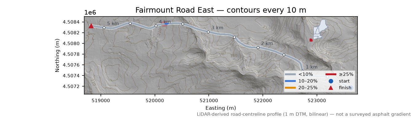 Fairmount Road East LiDAR hillshade map with contours