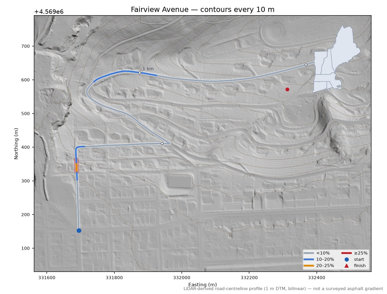 Fairview Avenue LiDAR hillshade map with contours