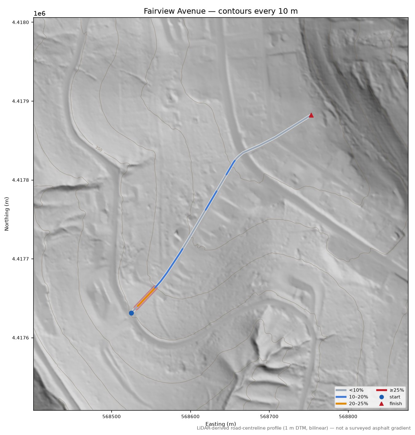 Fairview Avenue LiDAR hillshade map with contours