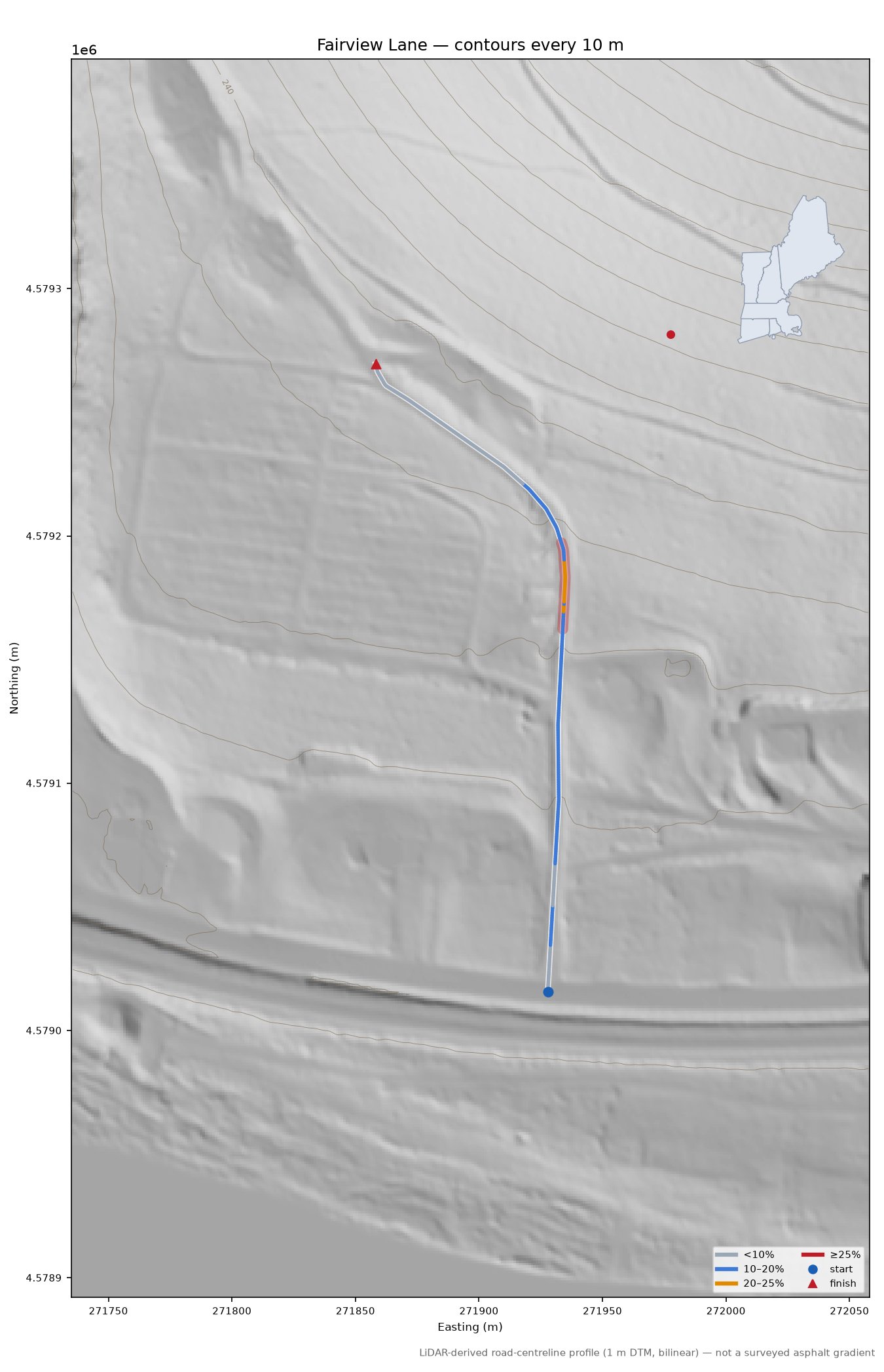 Fairview Lane LiDAR hillshade map with contours