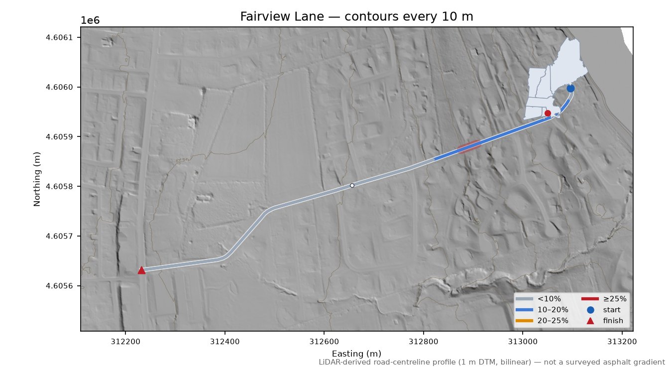 Fairview Lane LiDAR hillshade map with contours