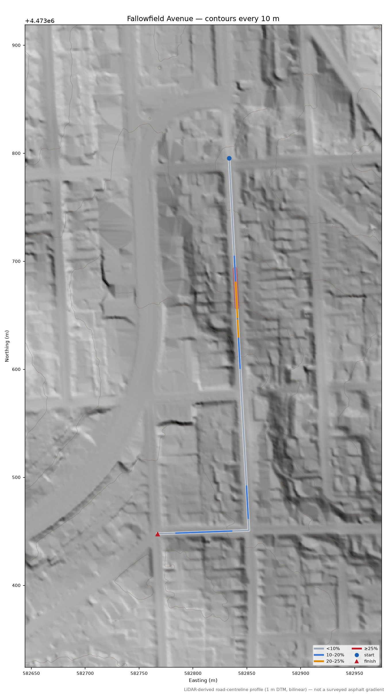 Fallowfield Avenue LiDAR hillshade map with contours