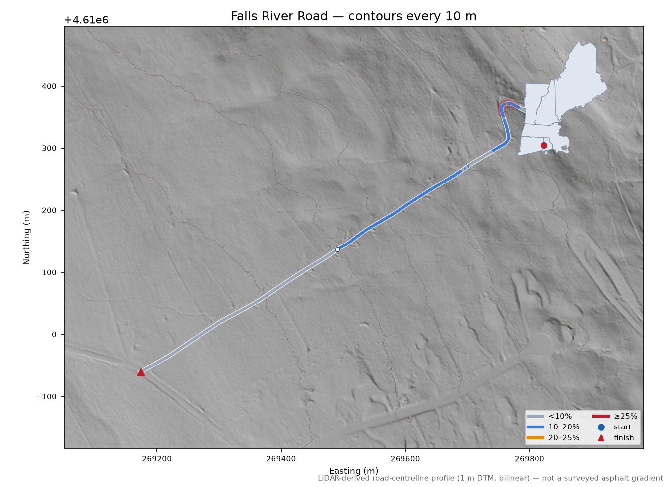 Falls River Road LiDAR hillshade map with contours