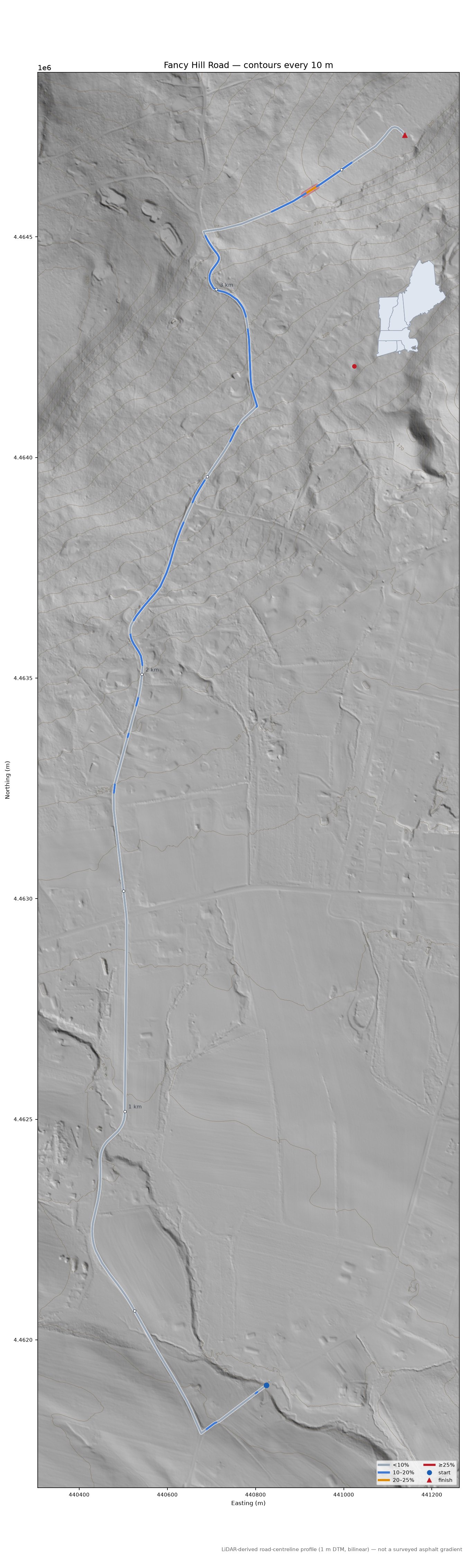 Fancy Hill Road LiDAR hillshade map with contours
