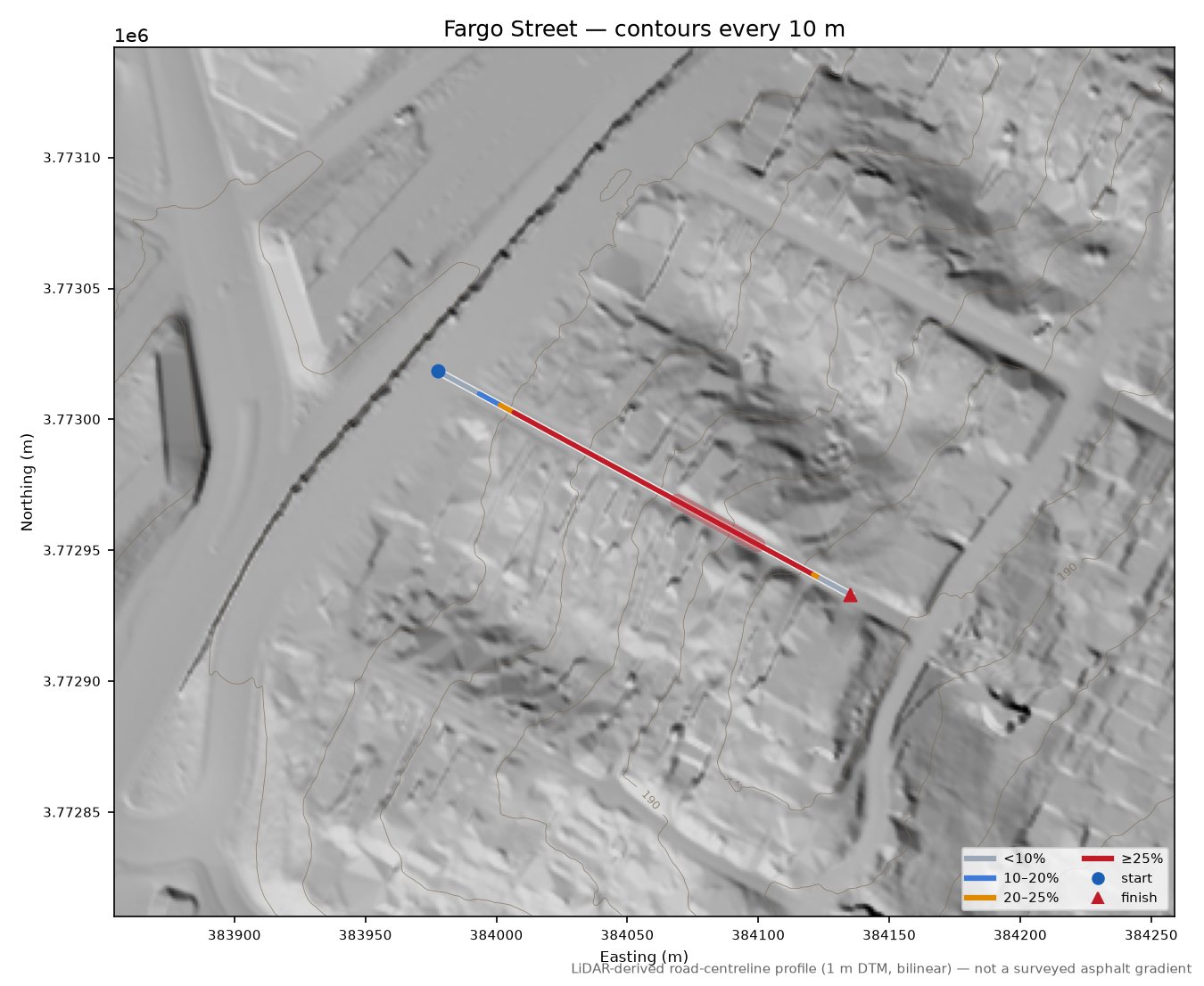 Fargo Street LiDAR hillshade map with contours