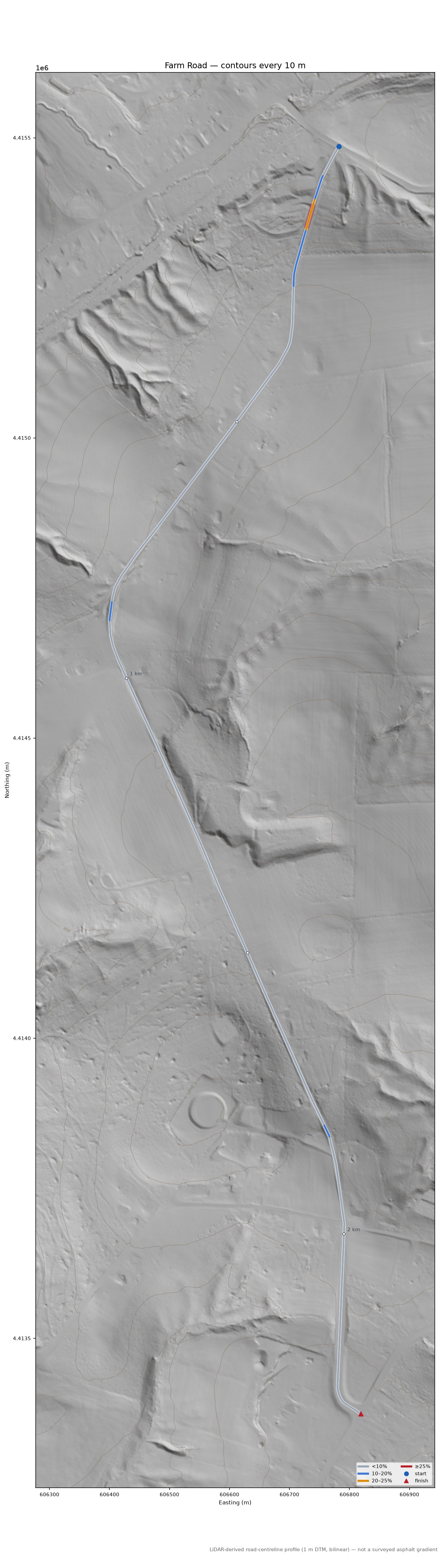 Farm Road LiDAR hillshade map with contours