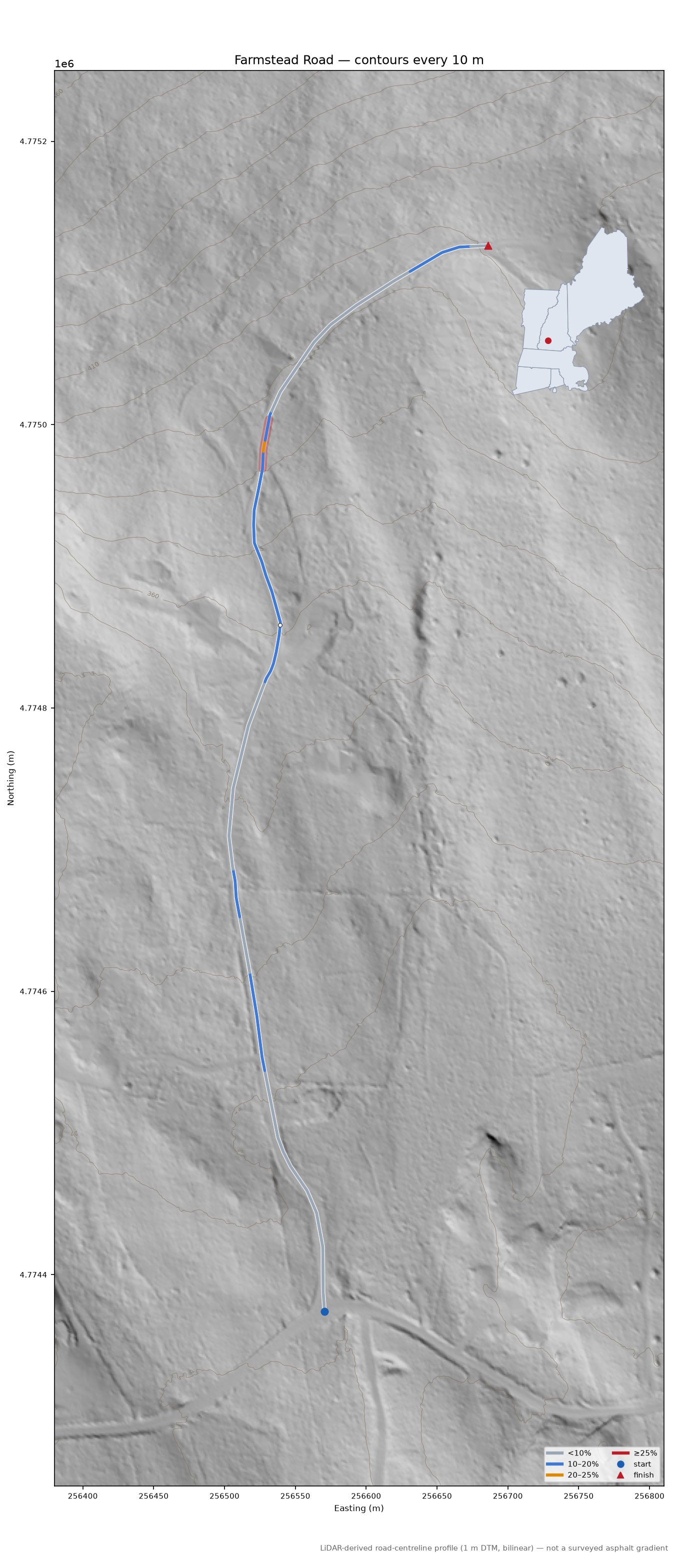 Farmstead Road LiDAR hillshade map with contours