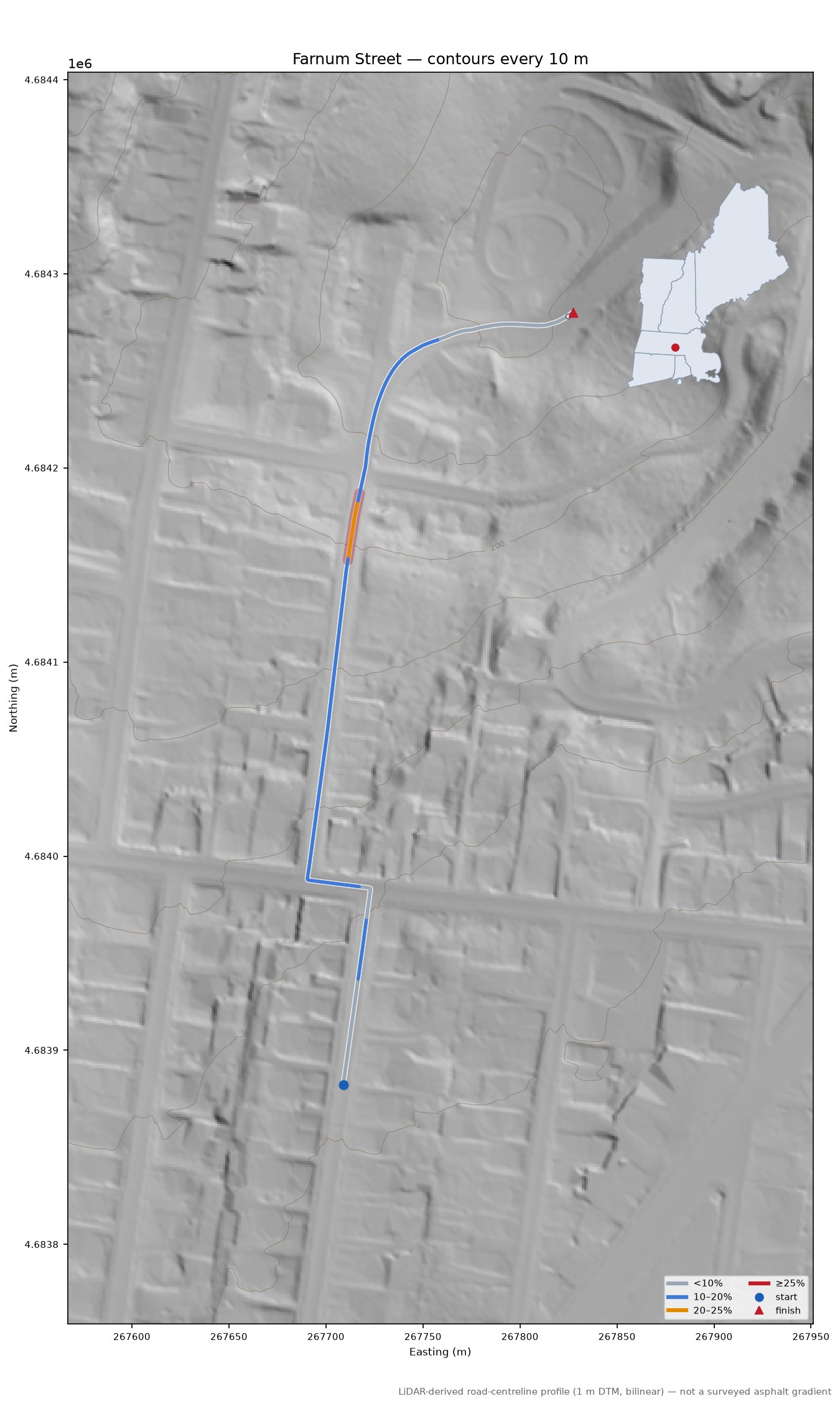 Farnum Street LiDAR hillshade map with contours