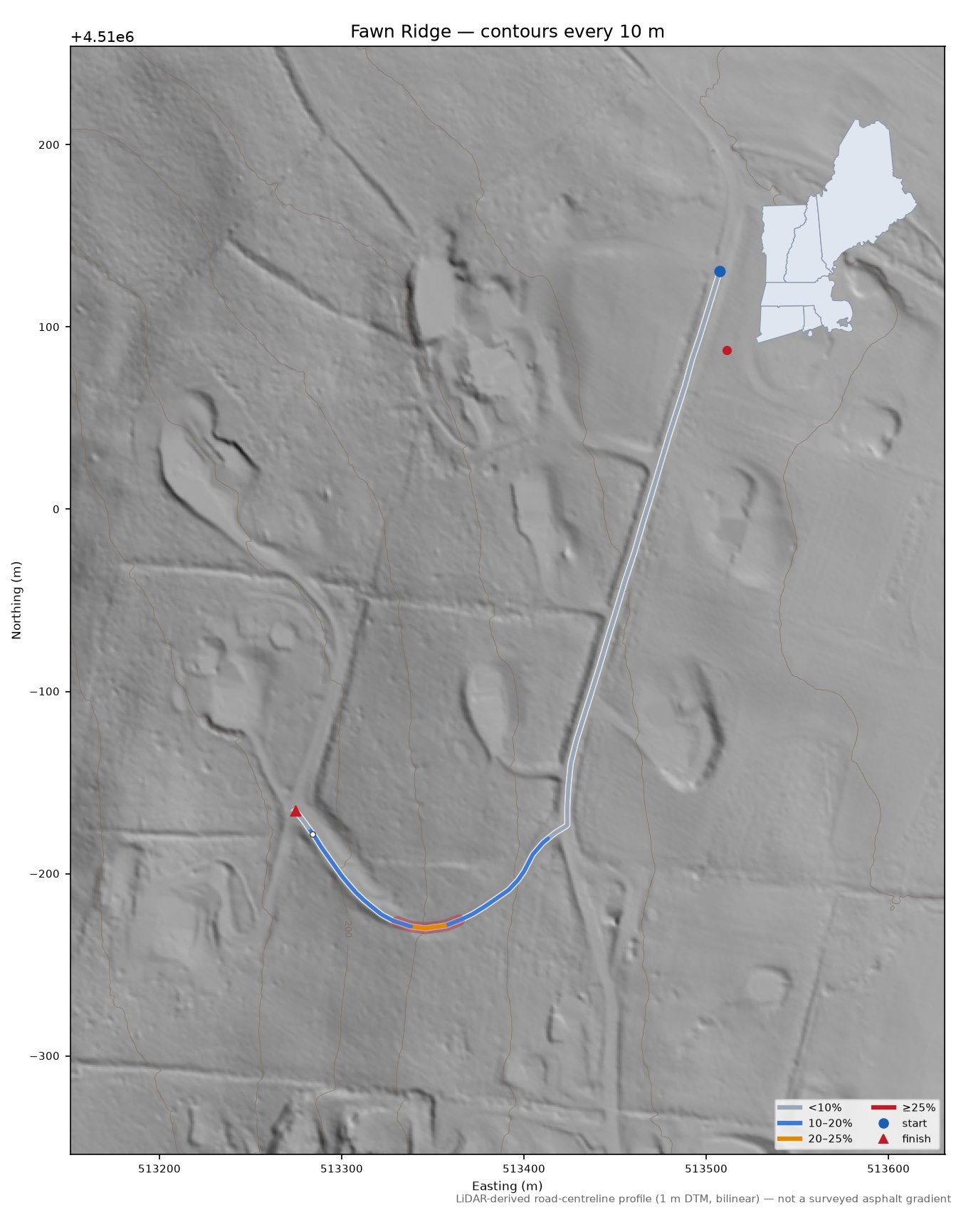 Fawn Ridge LiDAR hillshade map with contours