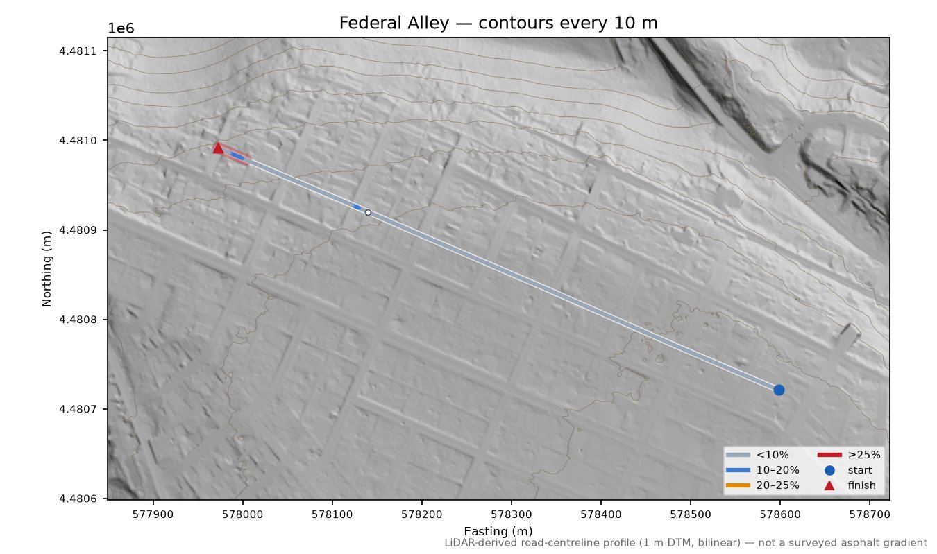 Federal Alley LiDAR hillshade map with contours