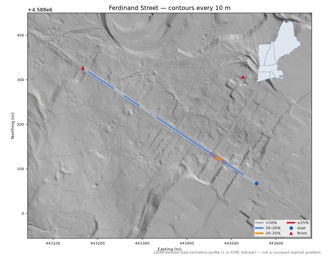 Ferdinand Street LiDAR hillshade map with contours