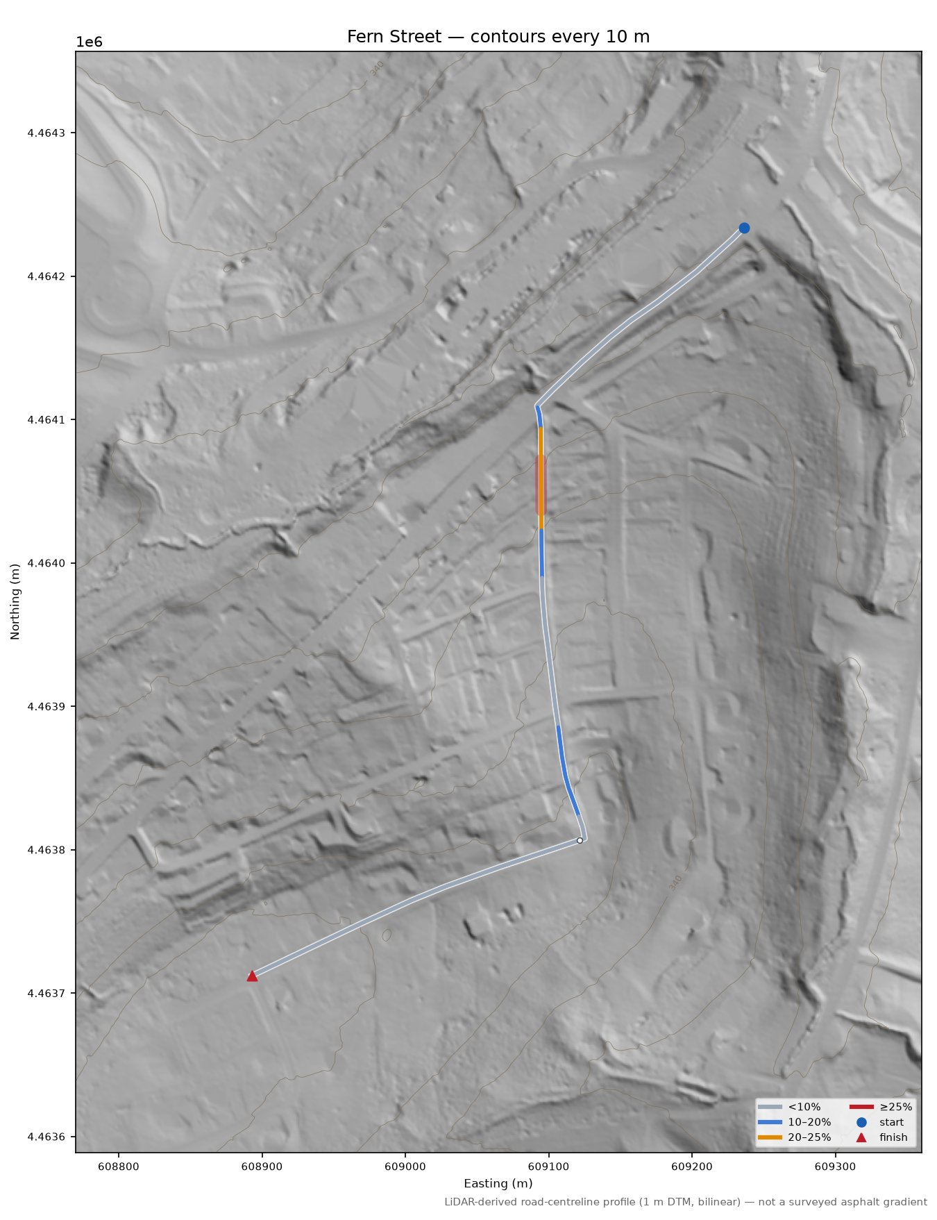 Fern Street LiDAR hillshade map with contours