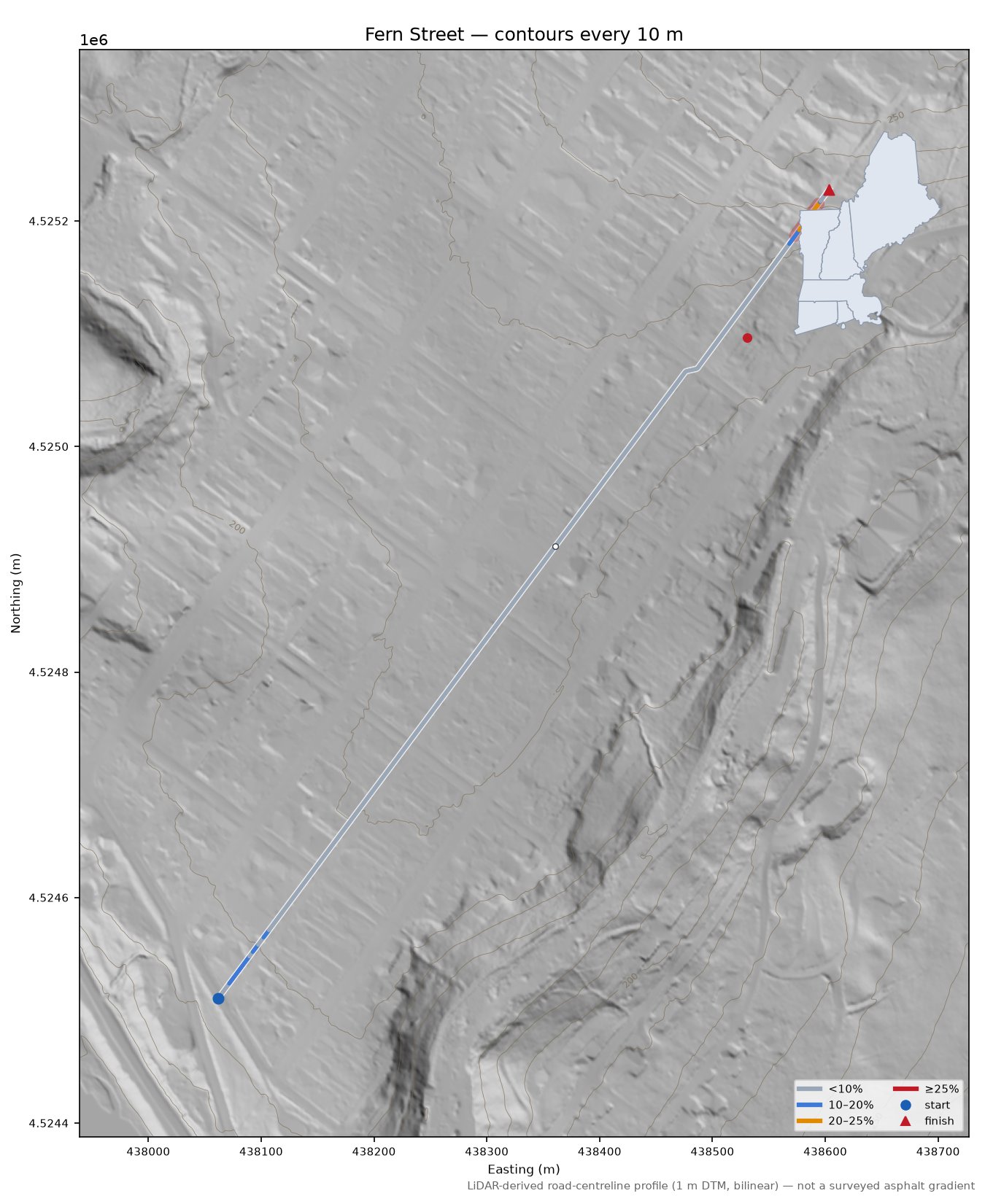 Fern Street LiDAR hillshade map with contours