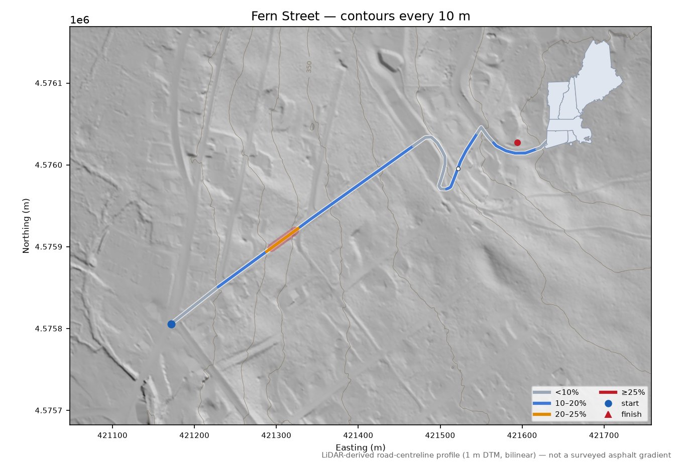 Fern Street LiDAR hillshade map with contours