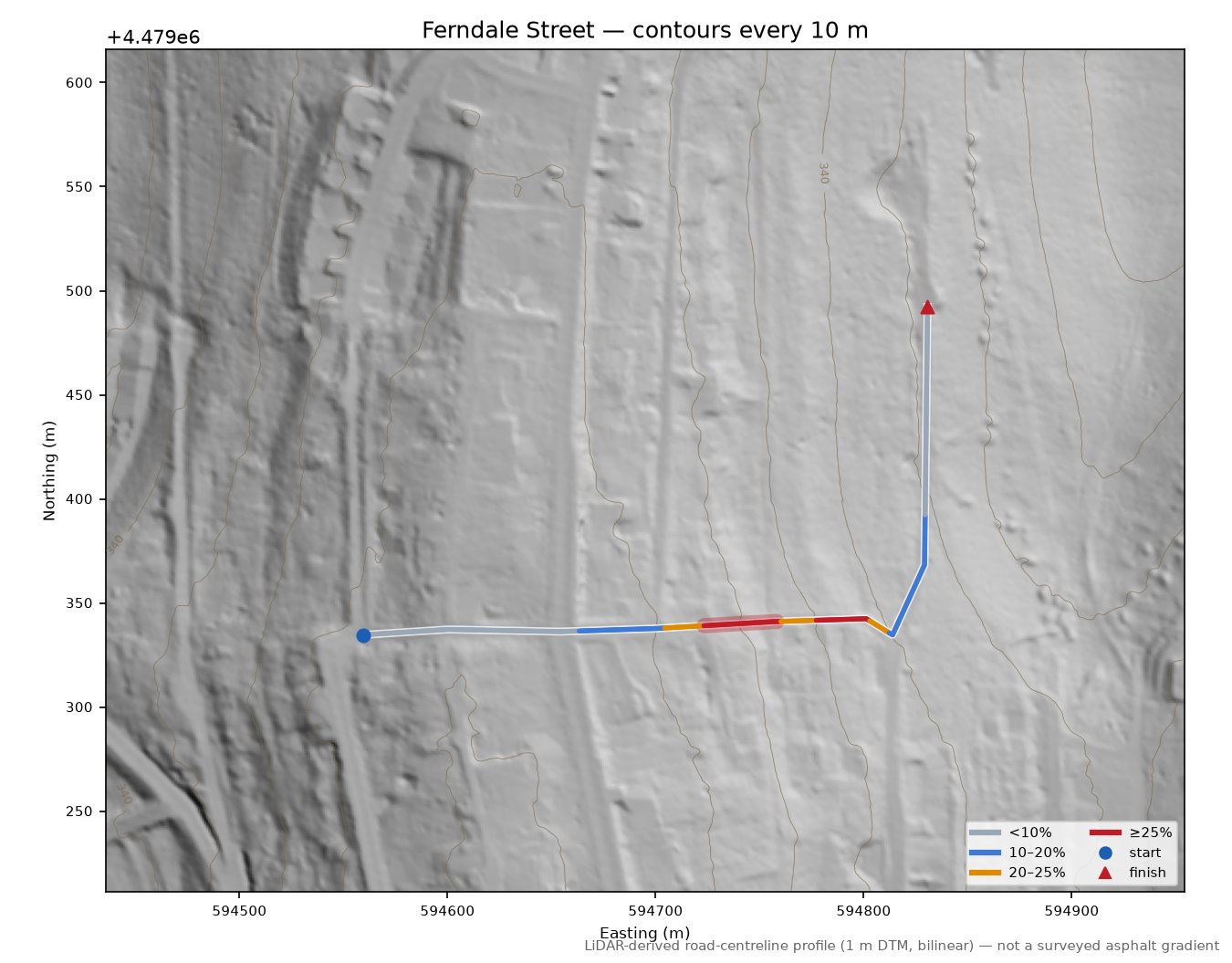 Ferndale Street LiDAR hillshade map with contours