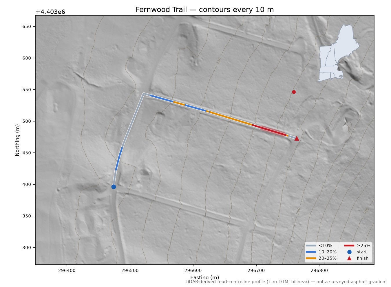 Fernwood Trail LiDAR hillshade map with contours
