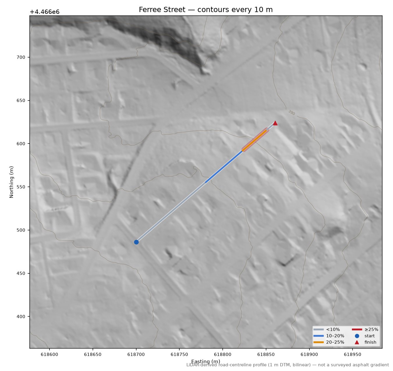 Ferree Street LiDAR hillshade map with contours