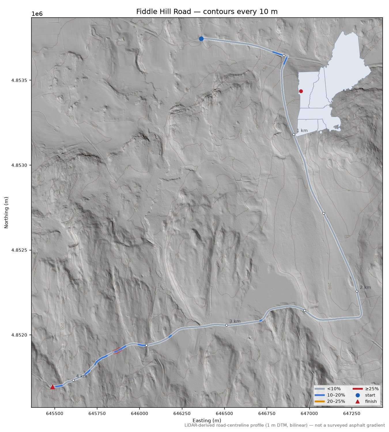 Fiddle Hill Road LiDAR hillshade map with contours