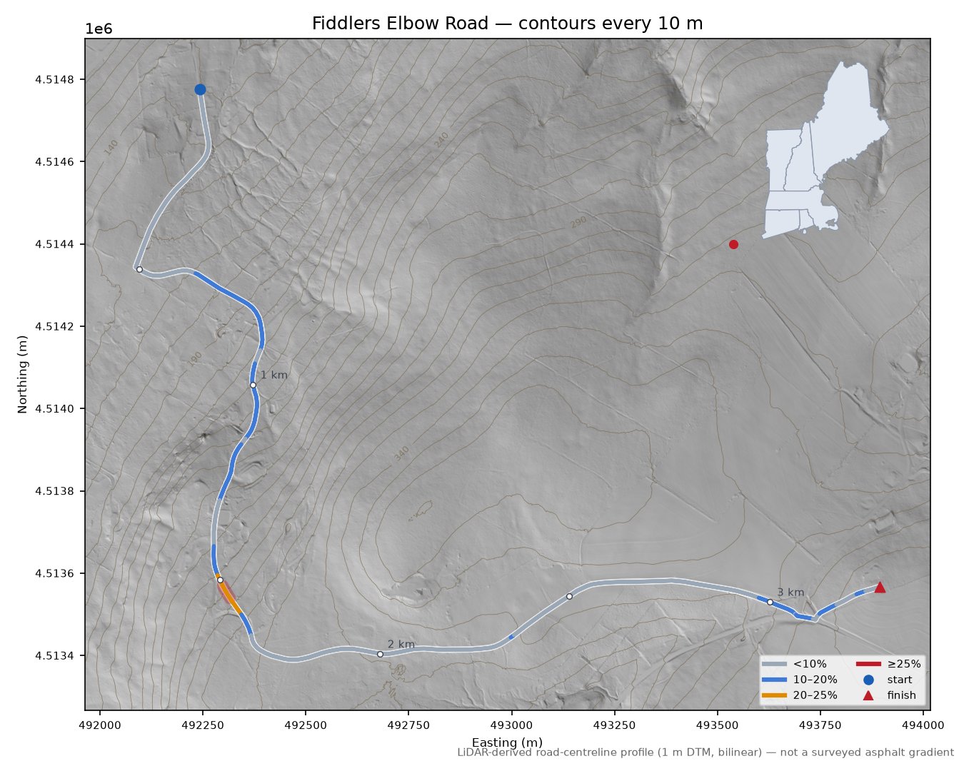Fiddlers Elbow Road LiDAR hillshade map with contours