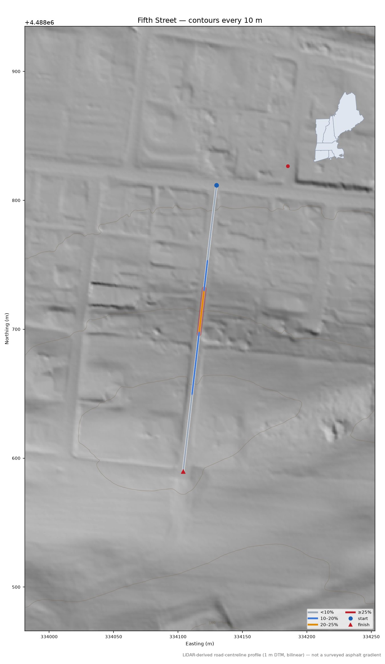 Fifth Street LiDAR hillshade map with contours
