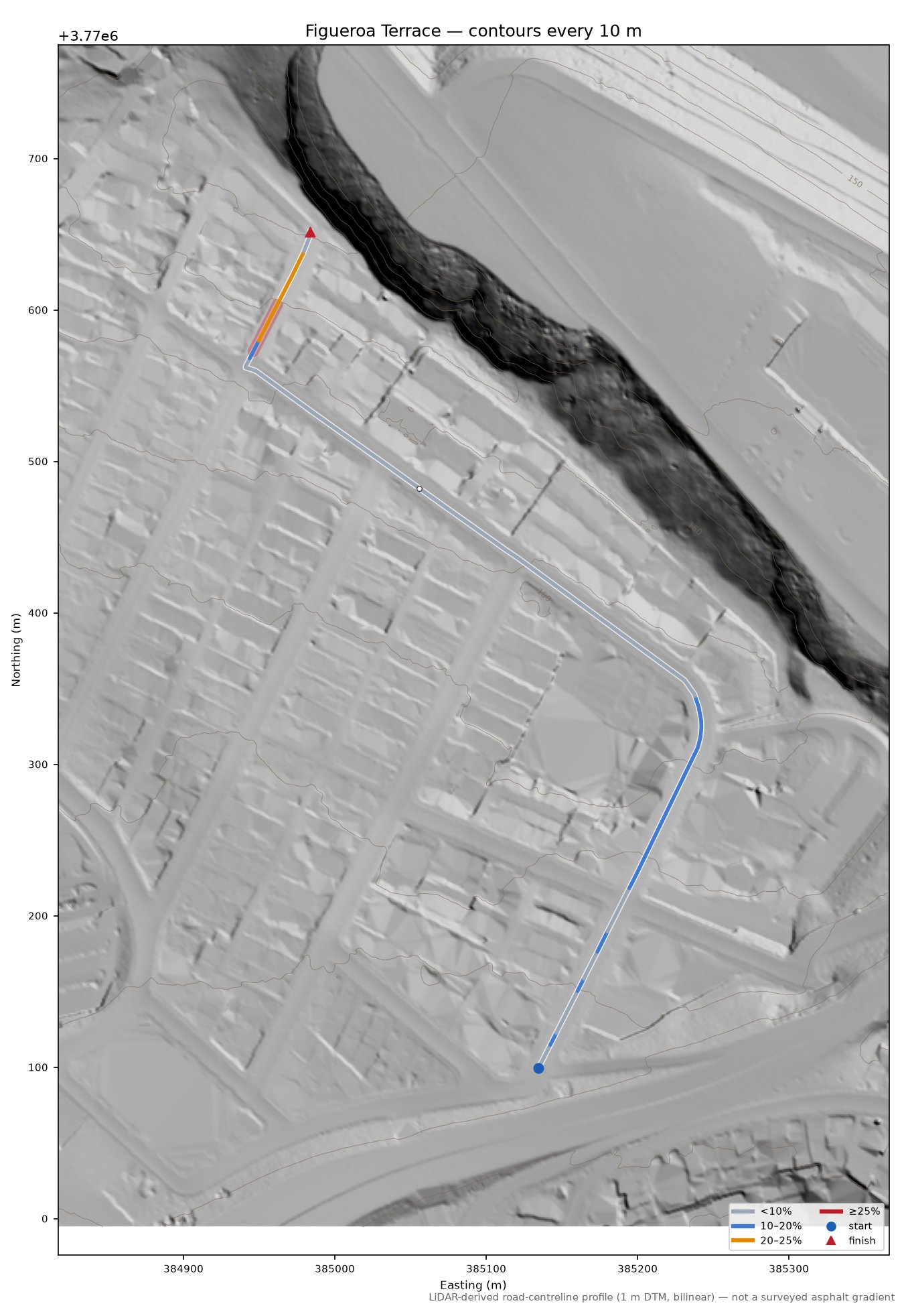 Figueroa Terrace LiDAR hillshade map with contours