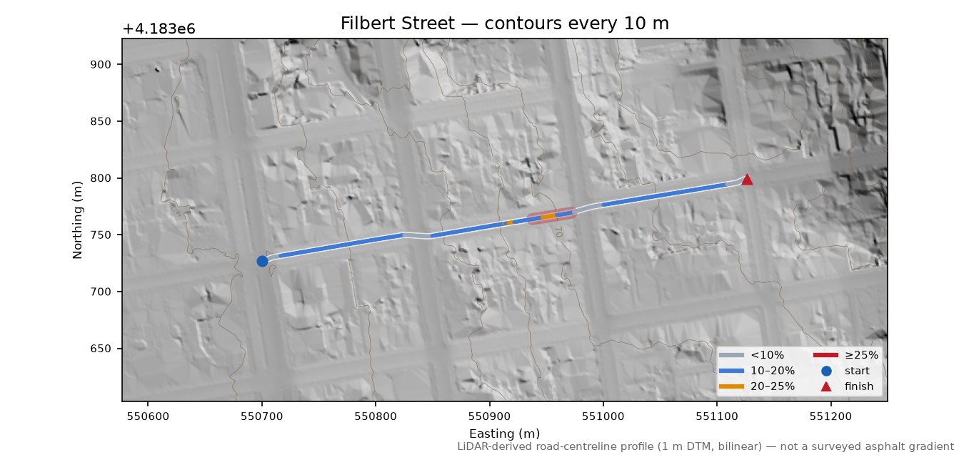 Filbert Street LiDAR hillshade map with contours
