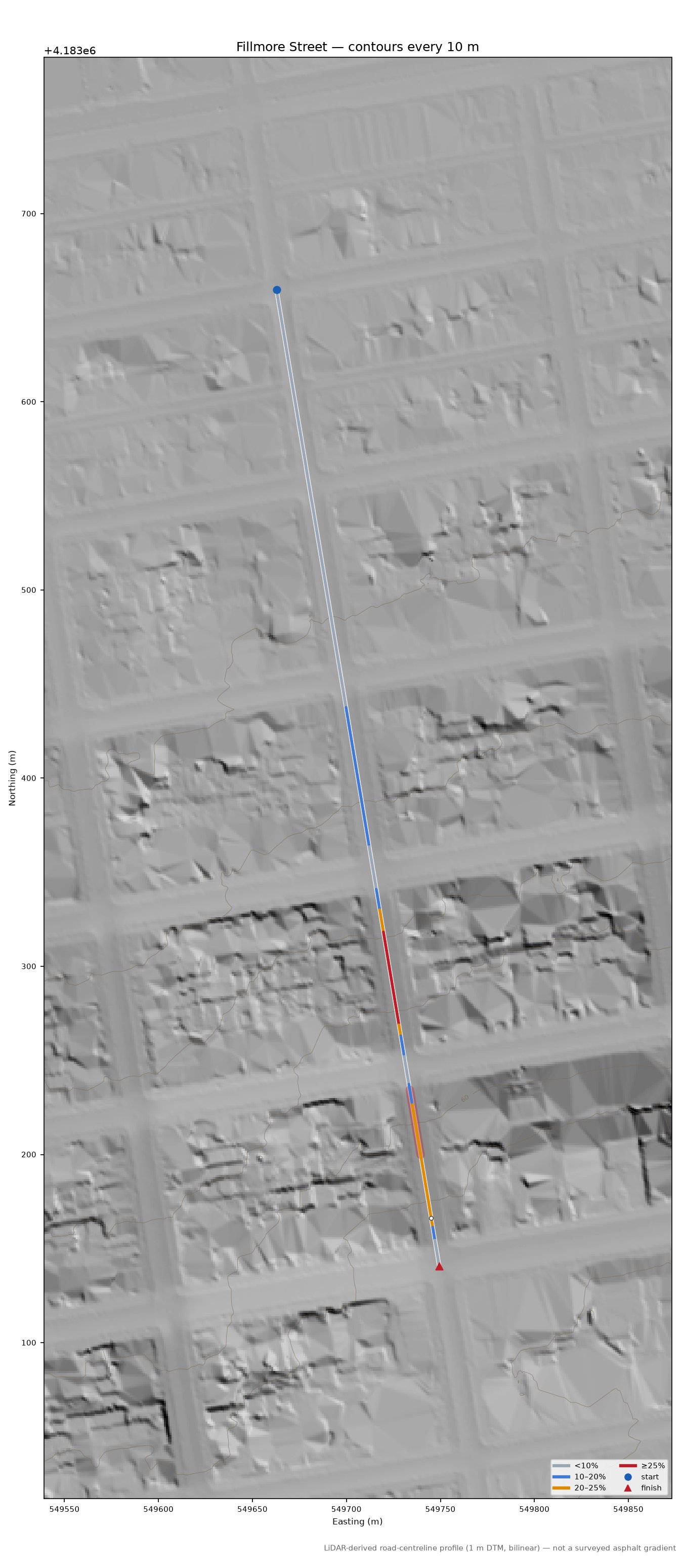 Fillmore Street LiDAR hillshade map with contours