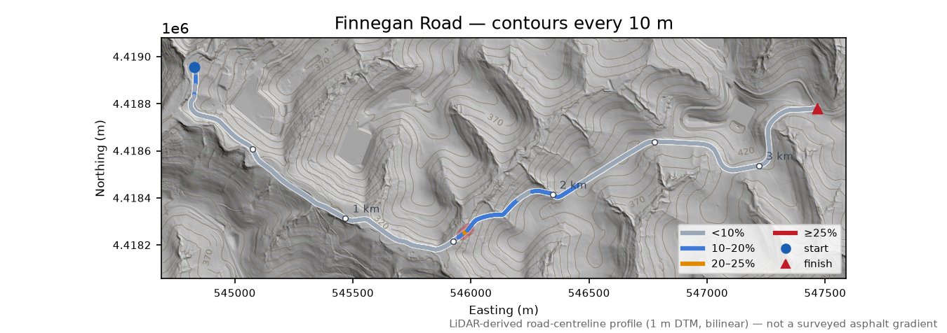 Finnegan Road LiDAR hillshade map with contours