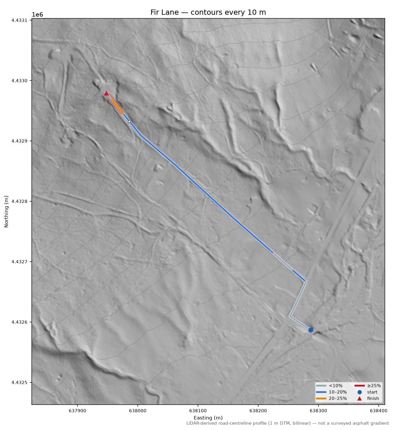 Fir Lane LiDAR hillshade map with contours