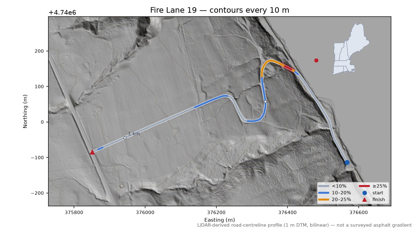 Fire Lane 19 LiDAR hillshade map with contours
