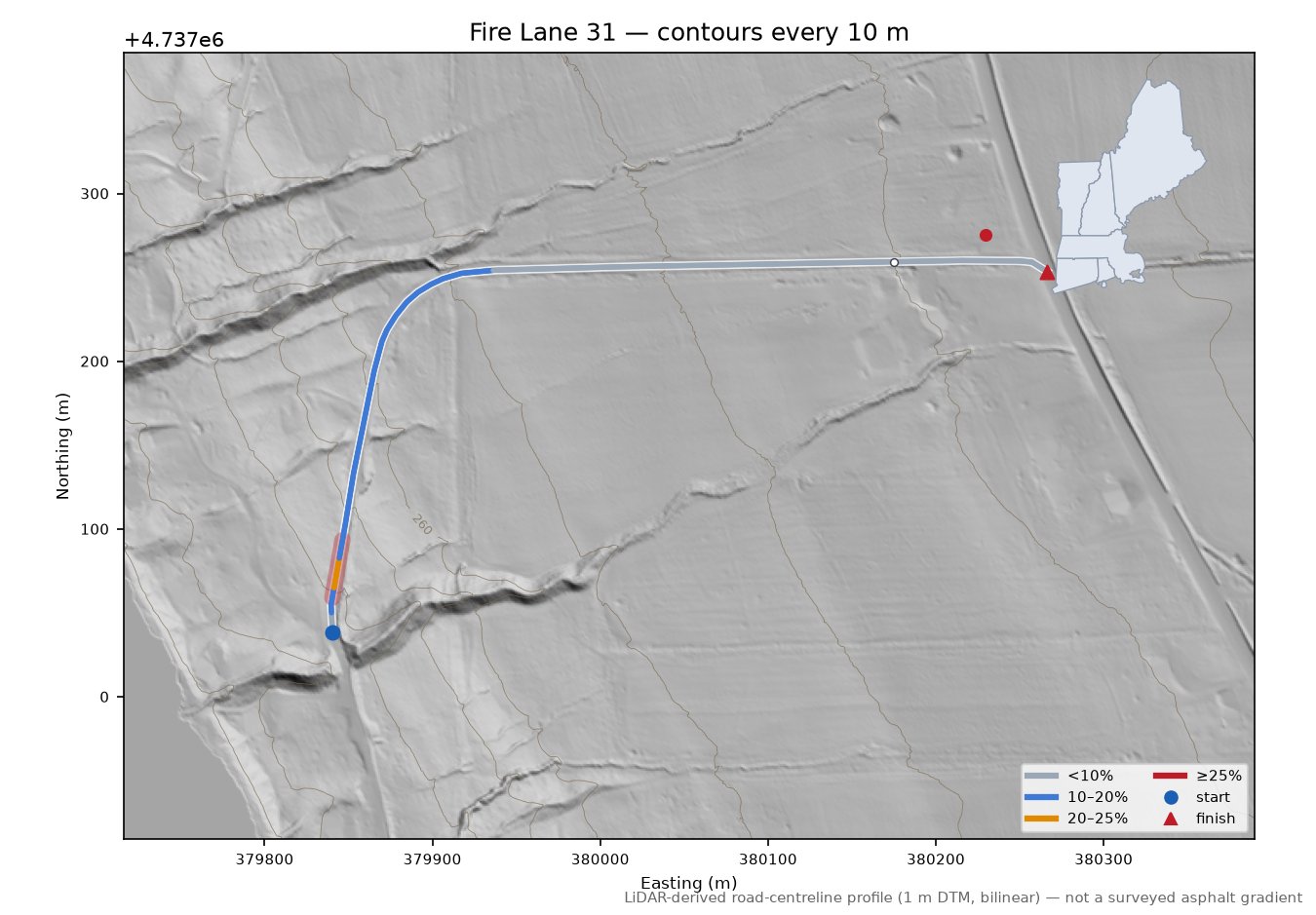 Fire Lane 31 LiDAR hillshade map with contours