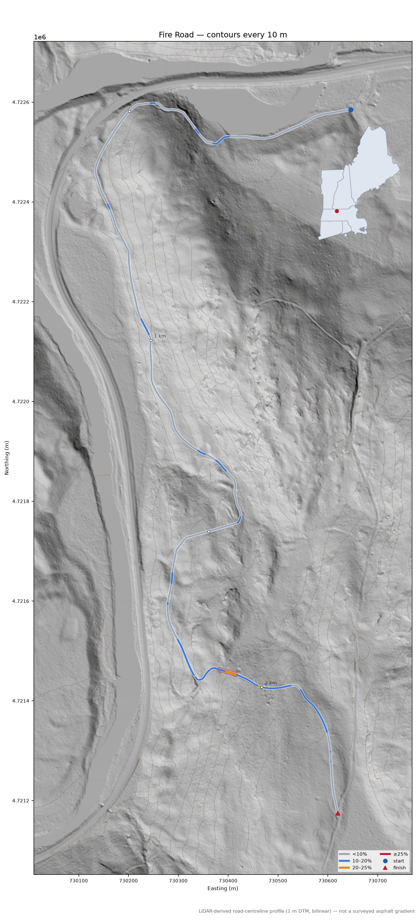Fire Road LiDAR hillshade map with contours