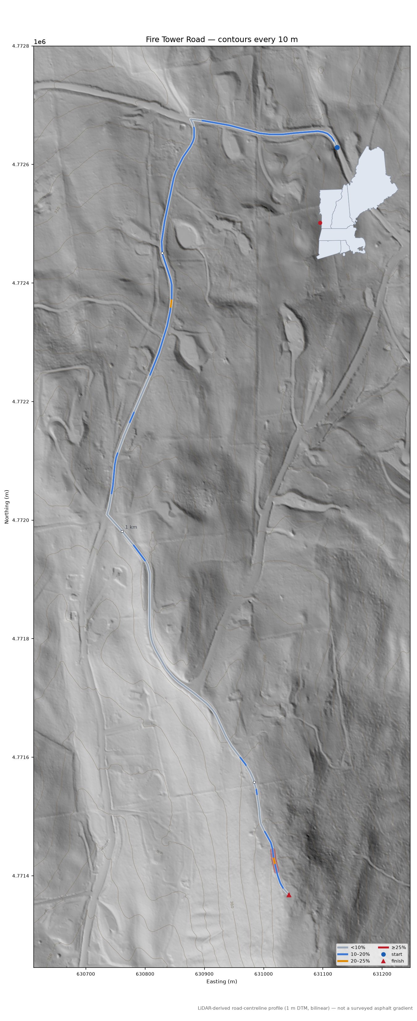 Fire Tower Road LiDAR hillshade map with contours
