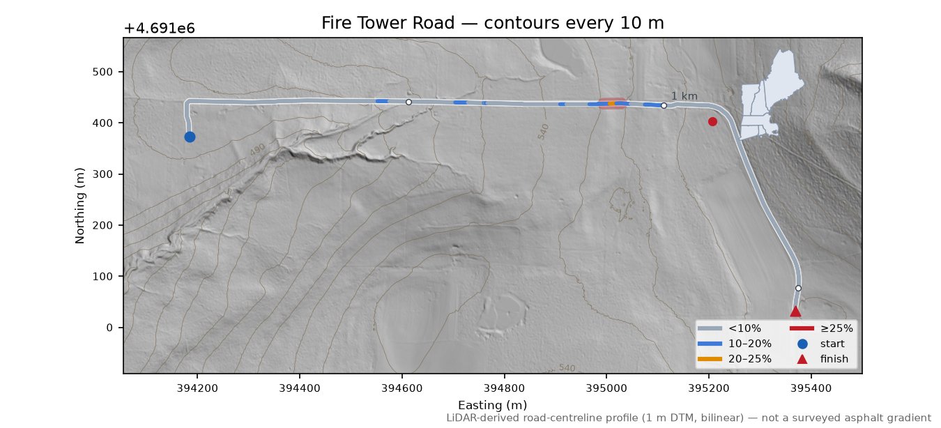 Fire Tower Road LiDAR hillshade map with contours